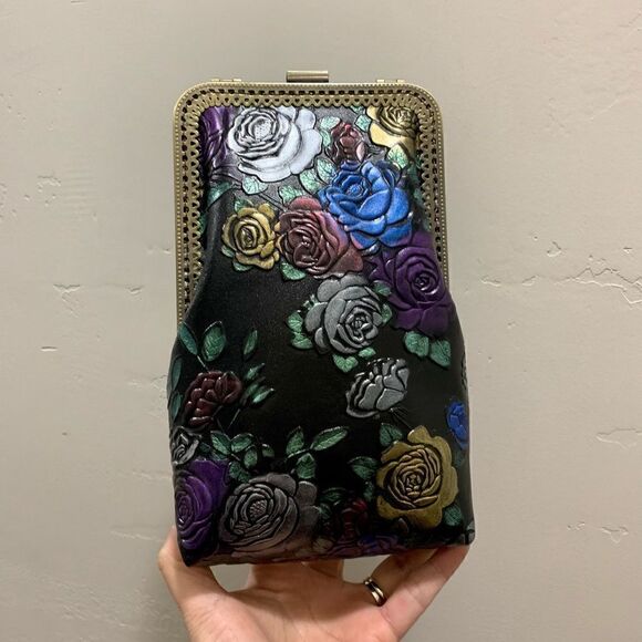 Handmade Genuine Embossed Rose Cowhide Clutch/Phone Case, Kiss Clasp/Clip Pouch - Picture 8 of 16